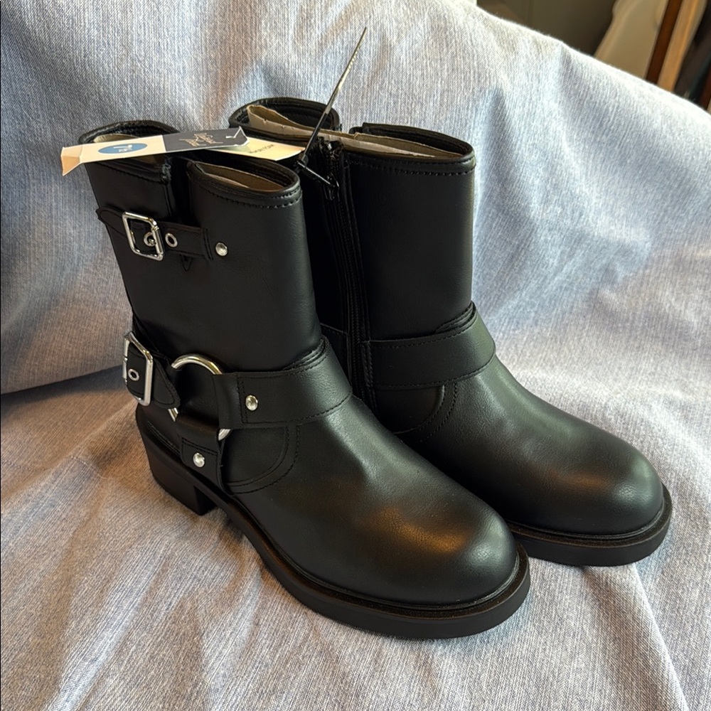 Black Leather Ankle Boots with Buckle Detail
